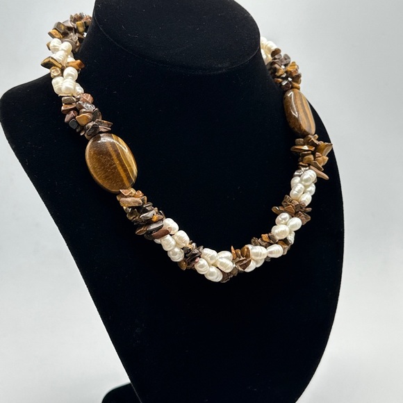 Vintage Natural Pearl And Tiger Eyes Necklace #530 - Picture 2 of 5